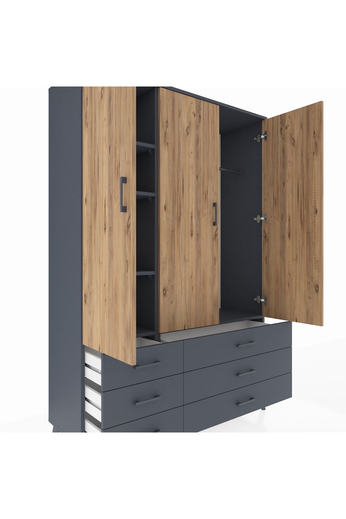 Hyperion Dolap 5 Raflı 6 Çekmeceli Tek Askılı 132x44x195 Antrasit-Çam/Antrasit