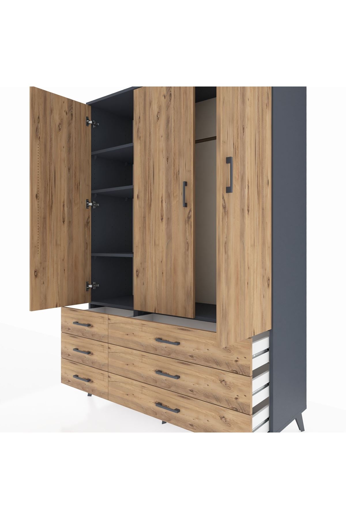 Hyperion Dolap 5 Raflı 6 Çekmeceli Tek Askılı 132x44x195 Antrasit-Çam/Çam