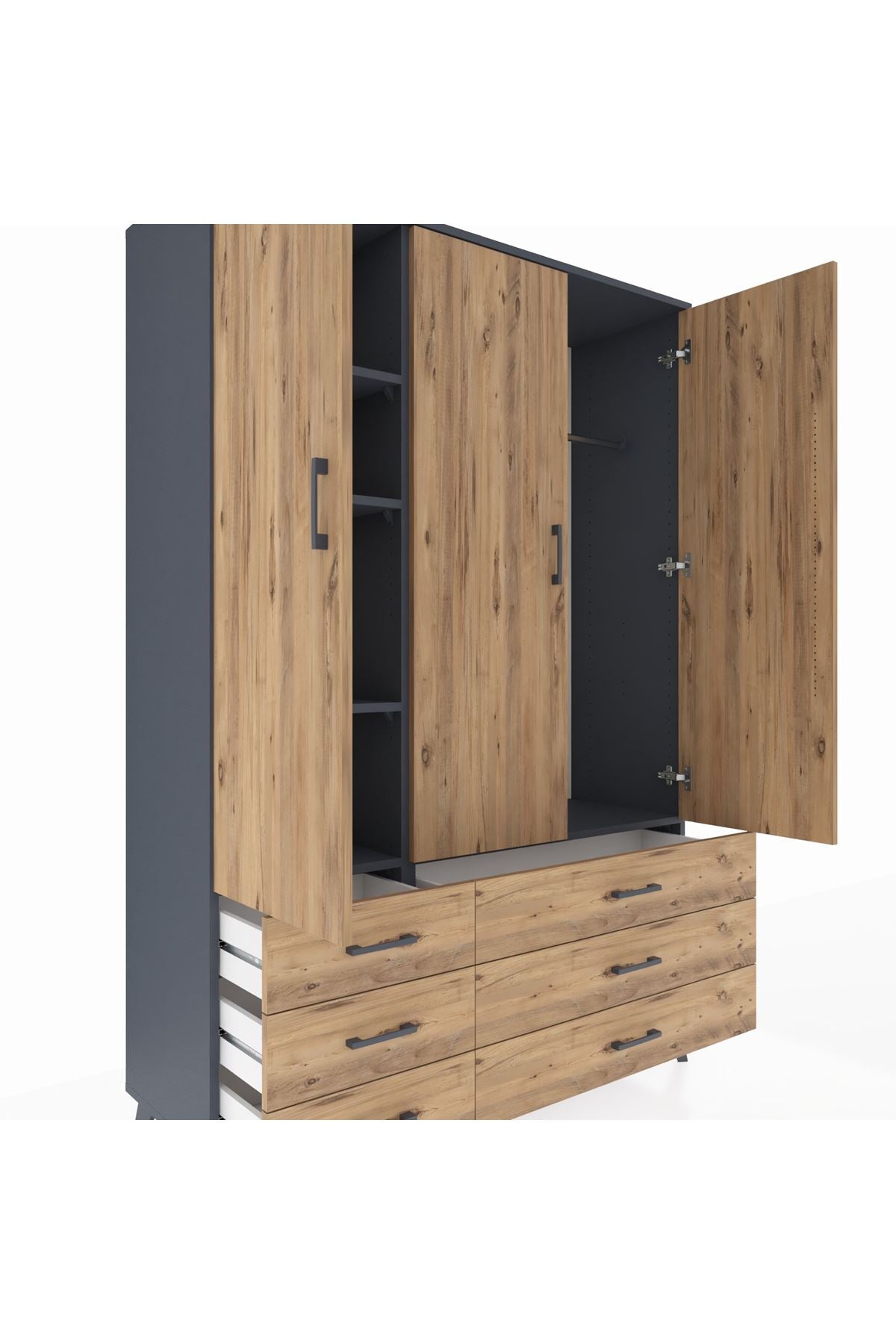 Hyperion Dolap 5 Raflı 6 Çekmeceli Tek Askılı 132x44x195 Antrasit-Çam/Çam