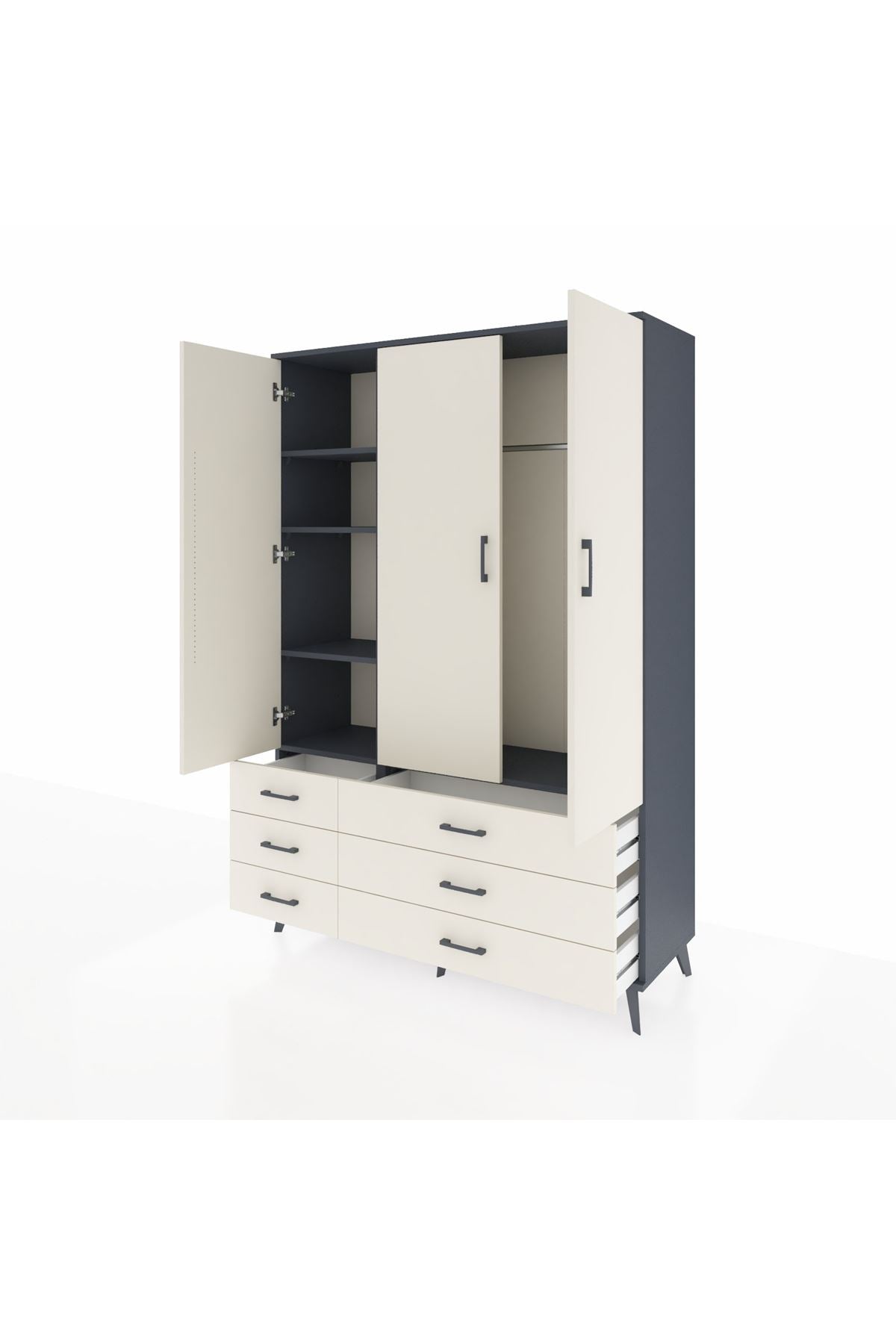 Hyperion Dolap 5 Raflı 6 Çekmeceli Tek Askılı 132x44x195 Antrasit-Aytaşı/Aytaşı