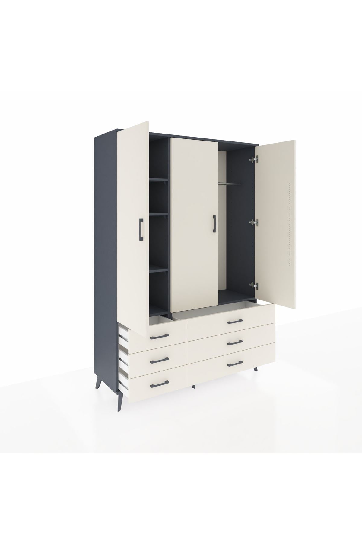 Hyperion Dolap 5 Raflı 6 Çekmeceli Tek Askılı 132x44x195 Antrasit-Aytaşı/Aytaşı