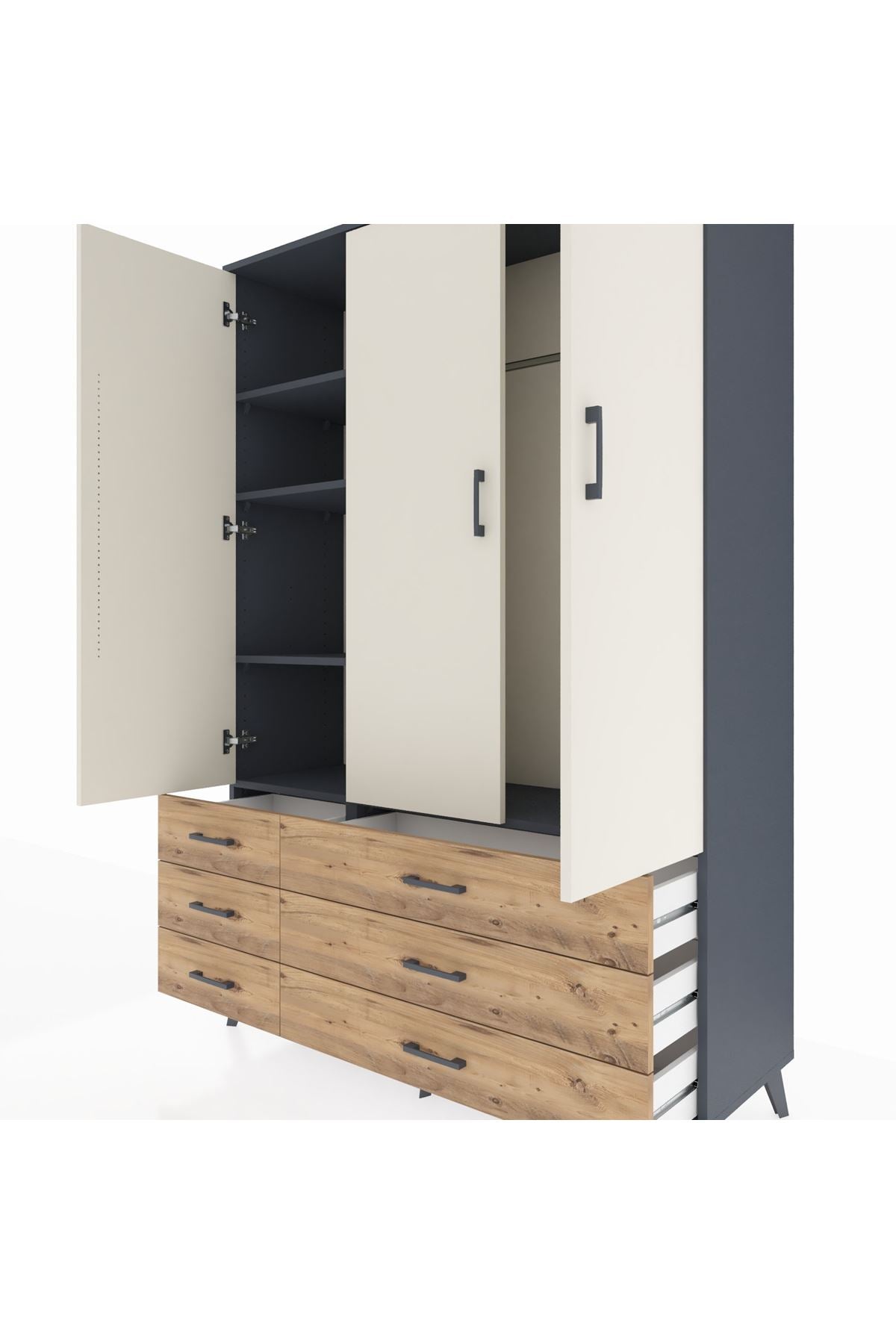 Hyperion Dolap 5 Raflı 6 Çekmeceli Tek Askılı 132x44x195 Antrasit-Aytaşı/Çam