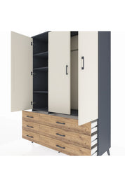 Hyperion Dolap 5 Raflı 6 Çekmeceli Tek Askılı 132x44x195 Antrasit-Aytaşı/Çam