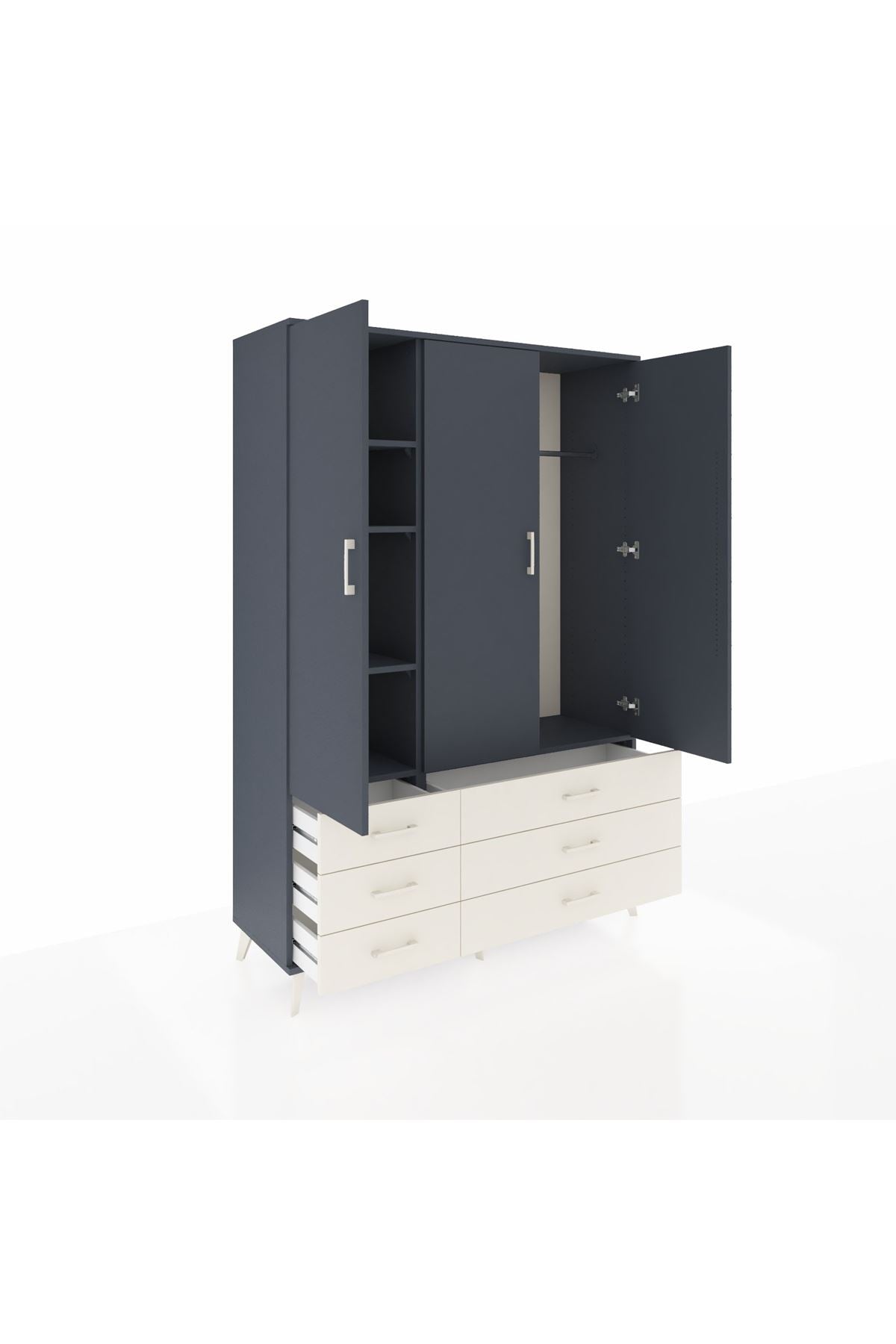 Hyperion Dolap 5 Raflı 6 Çekmeceli Tek Askılı 132x44x195 Antrasit-Antrasit/Aytaşı