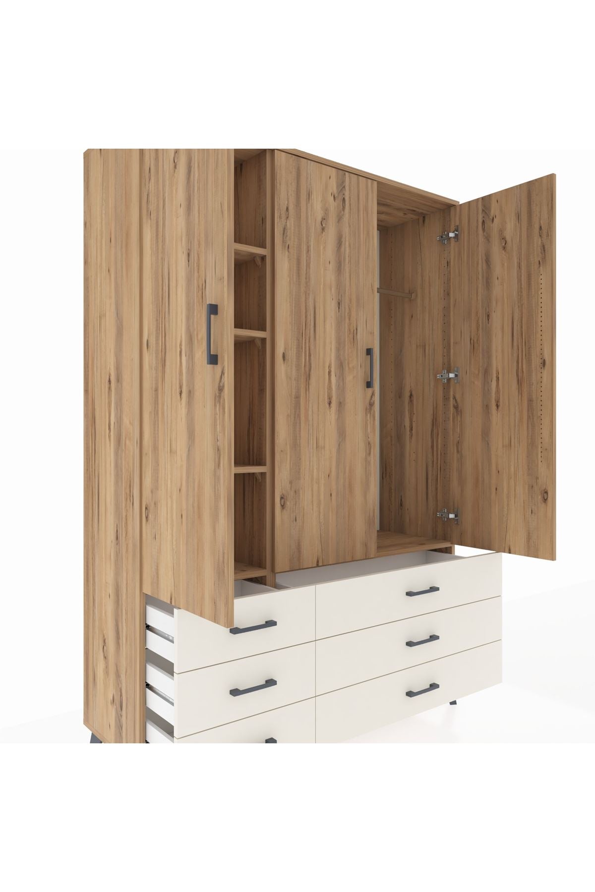 Hyperion Dolap 5 Raflı 6 Çekmeceli Tek Askılı 132x44x195 Çam-Çam/Aytaşı