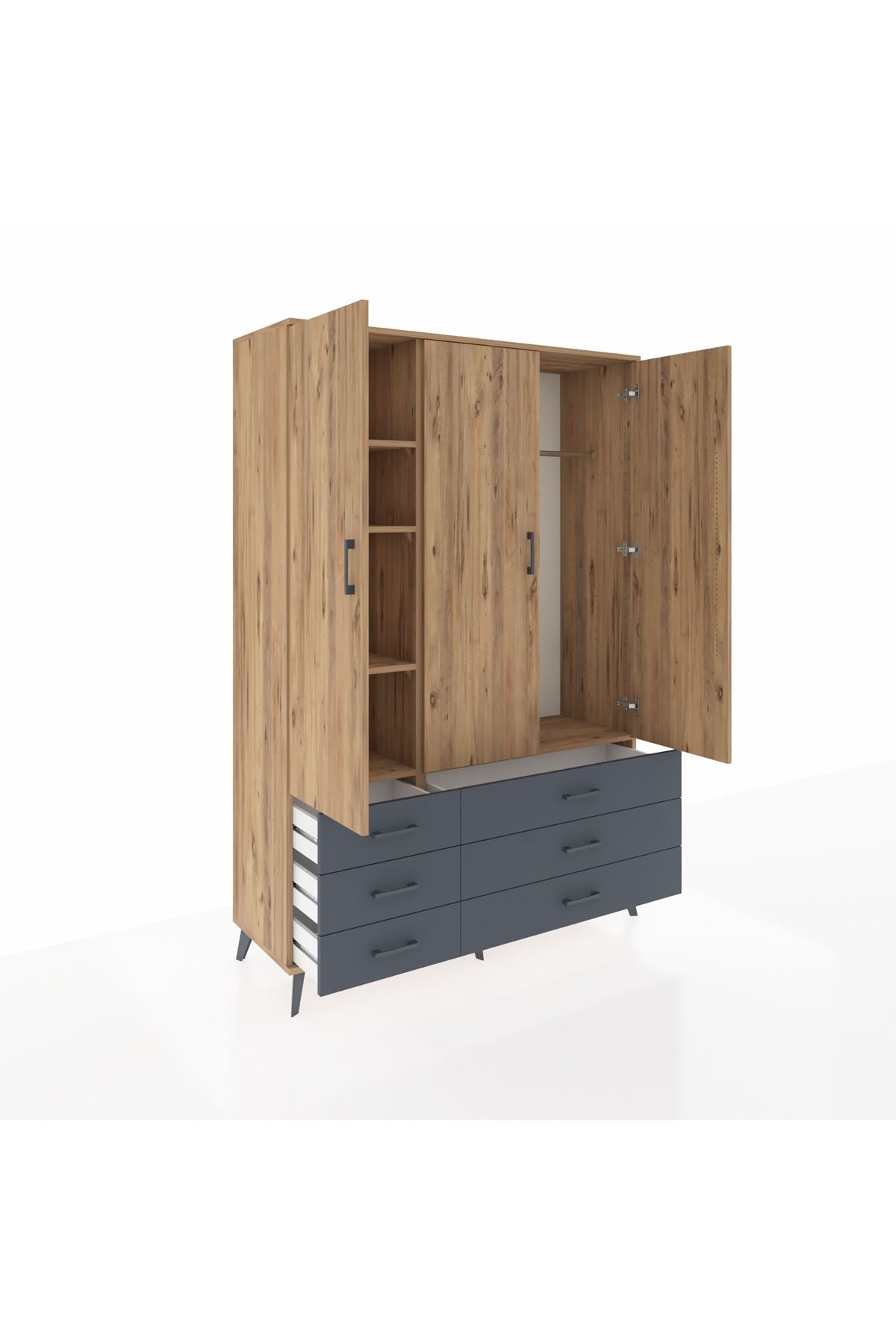 Hyperion Dolap 5 Raflı 6 Çekmeceli Tek Askılı 132x44x195 Çam-Çam/Antrasit