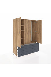 Hyperion Dolap 5 Raflı 6 Çekmeceli Tek Askılı 132x44x195 Çam-Çam/Antrasit