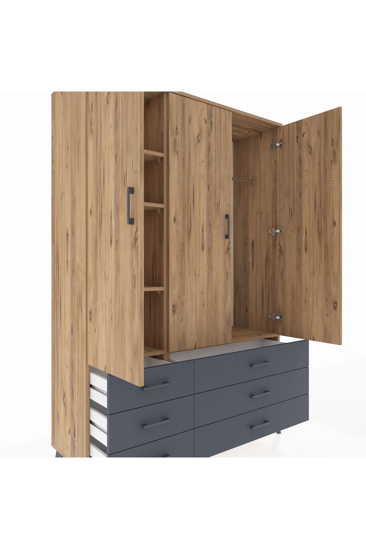 Hyperion Dolap 5 Raflı 6 Çekmeceli Tek Askılı 132x44x195 Çam-Çam/Antrasit