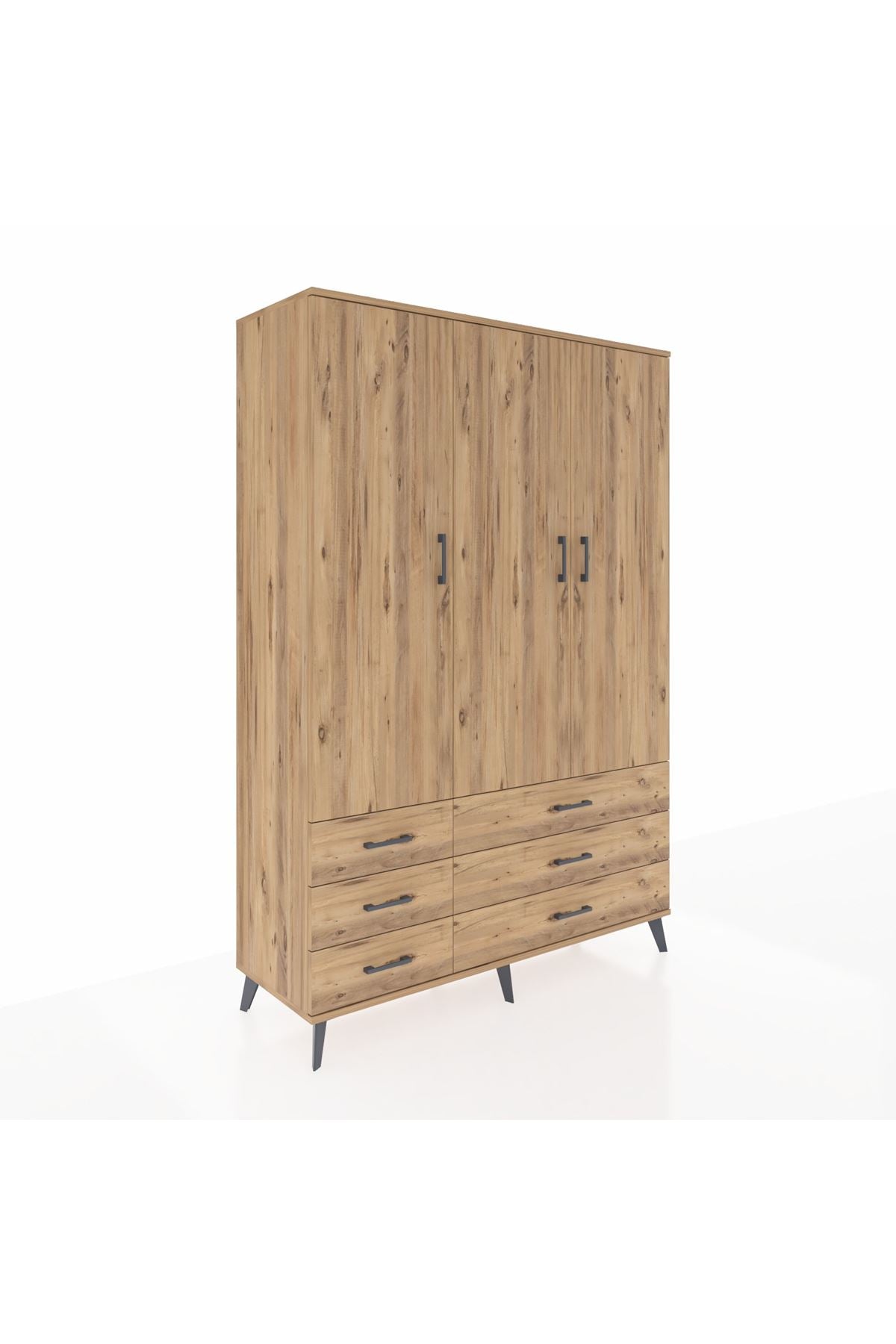 Hyperion Dolap 5 Raflı 6 Çekmeceli Tek Askılı 132x44x195 Çam-Çam/Çam