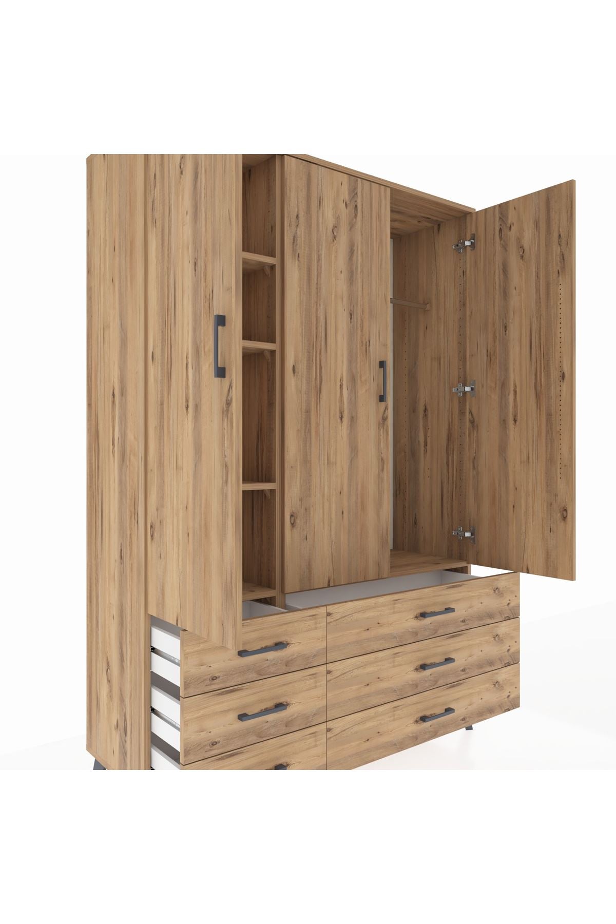 Hyperion Dolap 5 Raflı 6 Çekmeceli Tek Askılı 132x44x195 Çam-Çam/Çam