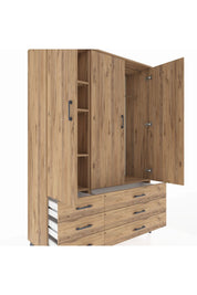 Hyperion Dolap 5 Raflı 6 Çekmeceli Tek Askılı 132x44x195 Çam-Çam/Çam