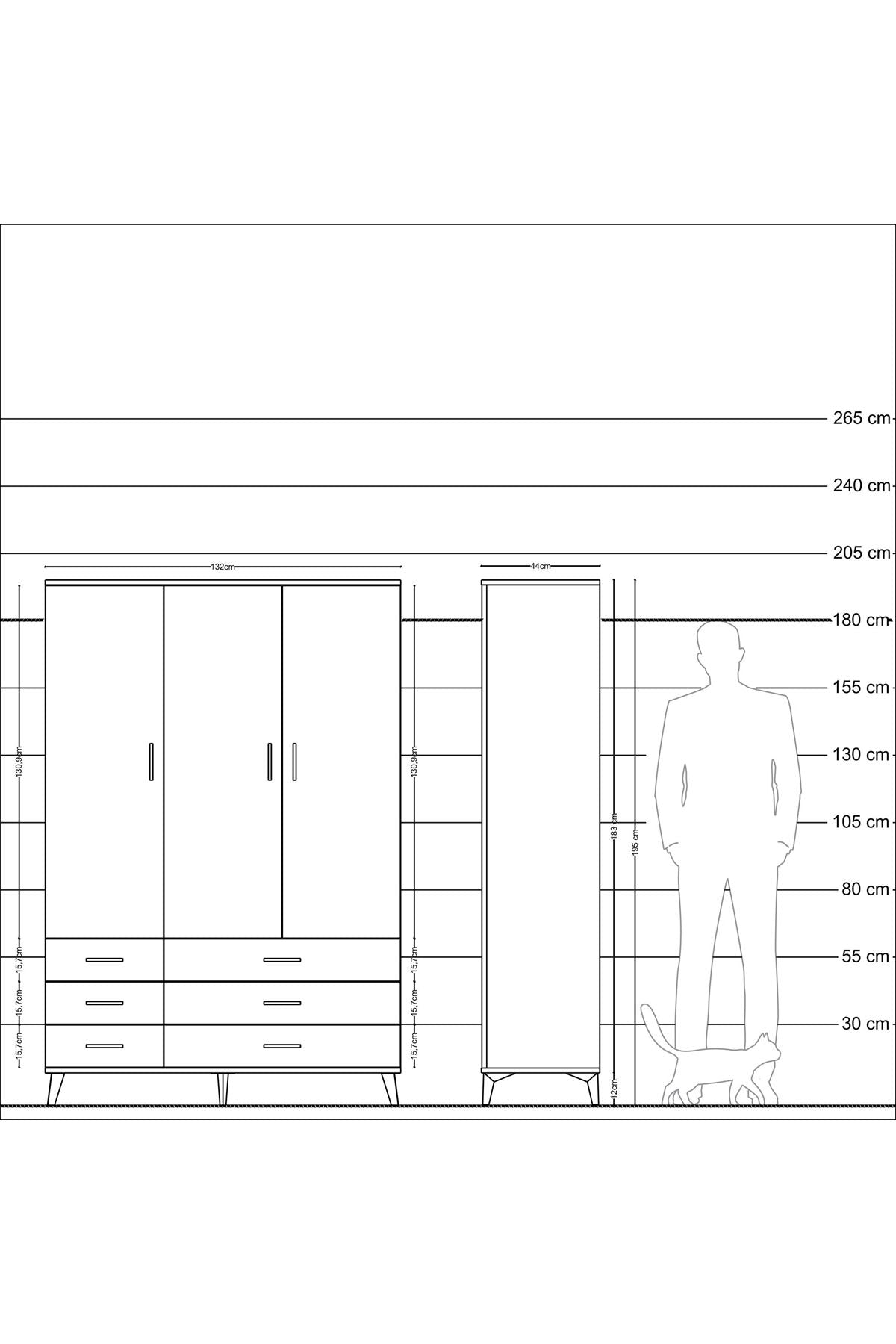 Hyperion Dolap 5 Raflı 6 Çekmeceli Tek Askılı 132x44x195 Çam-Çam/Çam