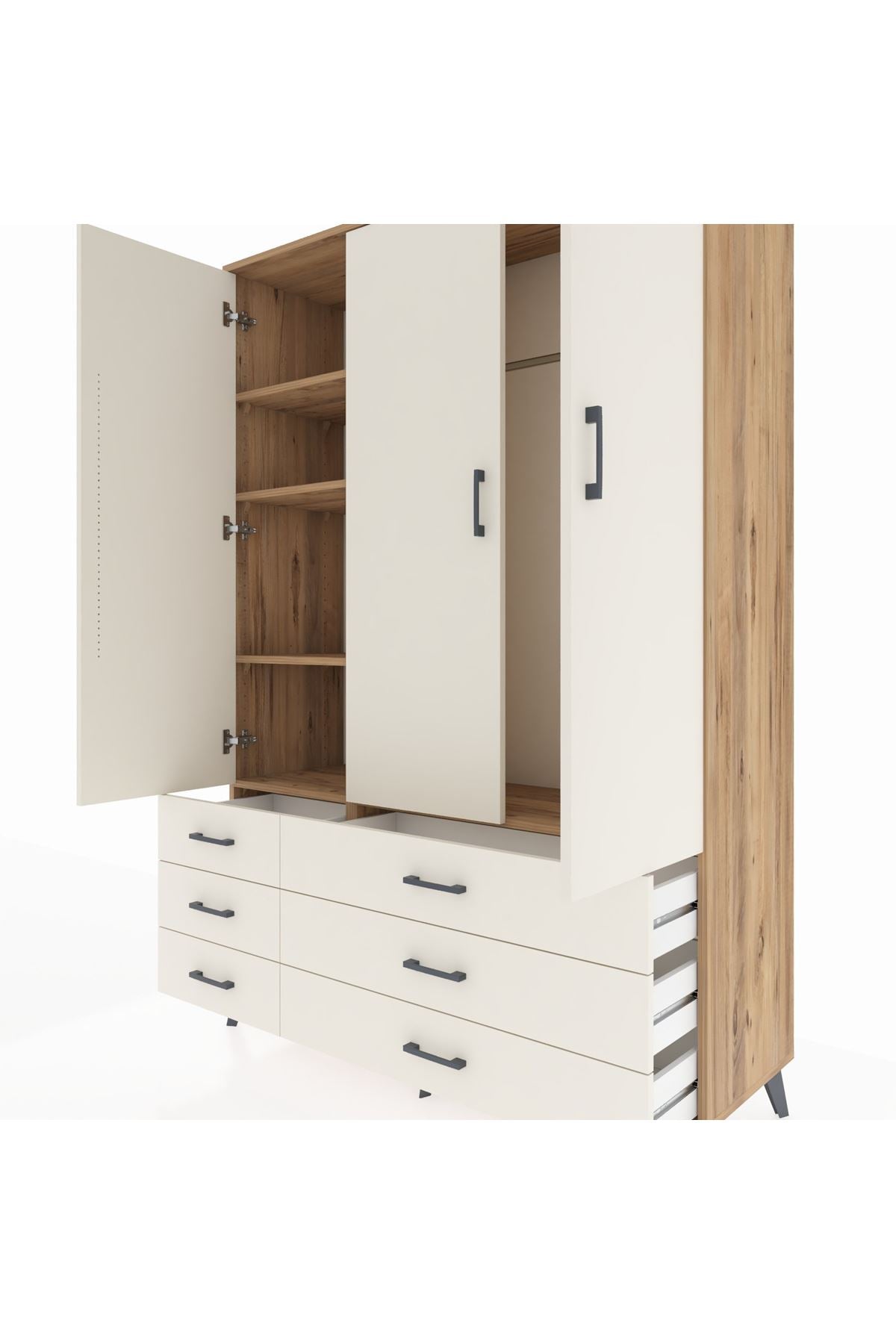 Hyperion Dolap 5 Raflı 6 Çekmeceli Tek Askılı 132x44x195 Çam-Aytaşı/Aytaşı