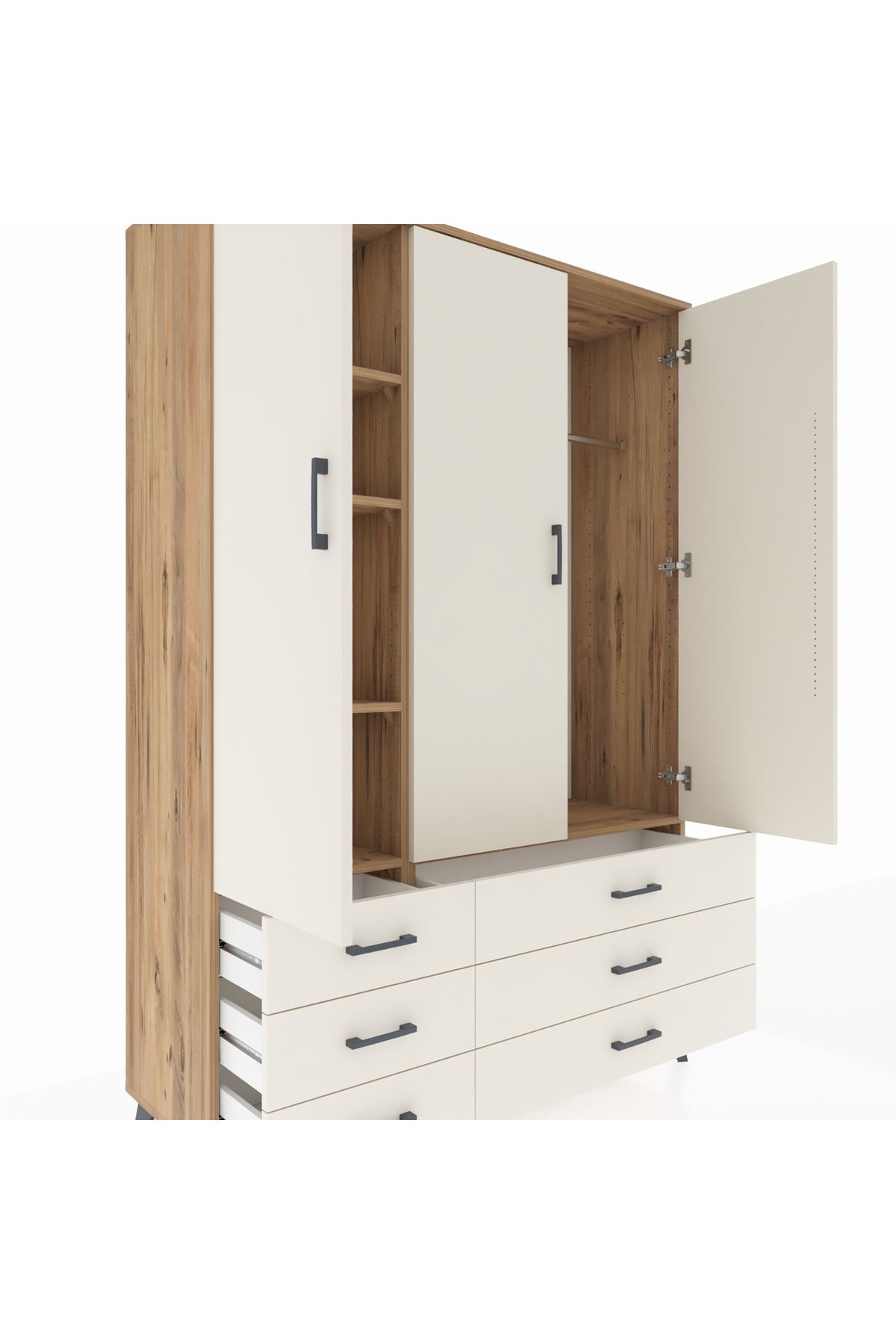 Hyperion Dolap 5 Raflı 6 Çekmeceli Tek Askılı 132x44x195 Çam-Aytaşı/Aytaşı