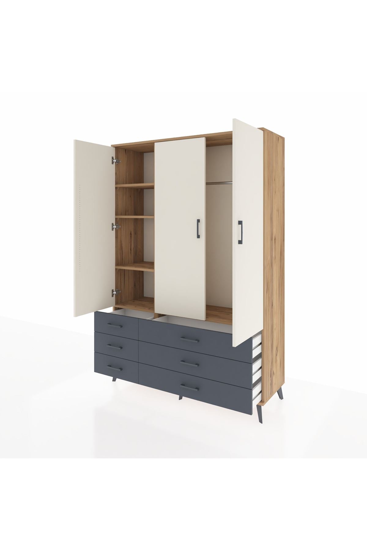 Hyperion Dolap 5 Raflı 6 Çekmeceli Tek Askılı 132x44x195 Çam-Aytaşı/Antrasit