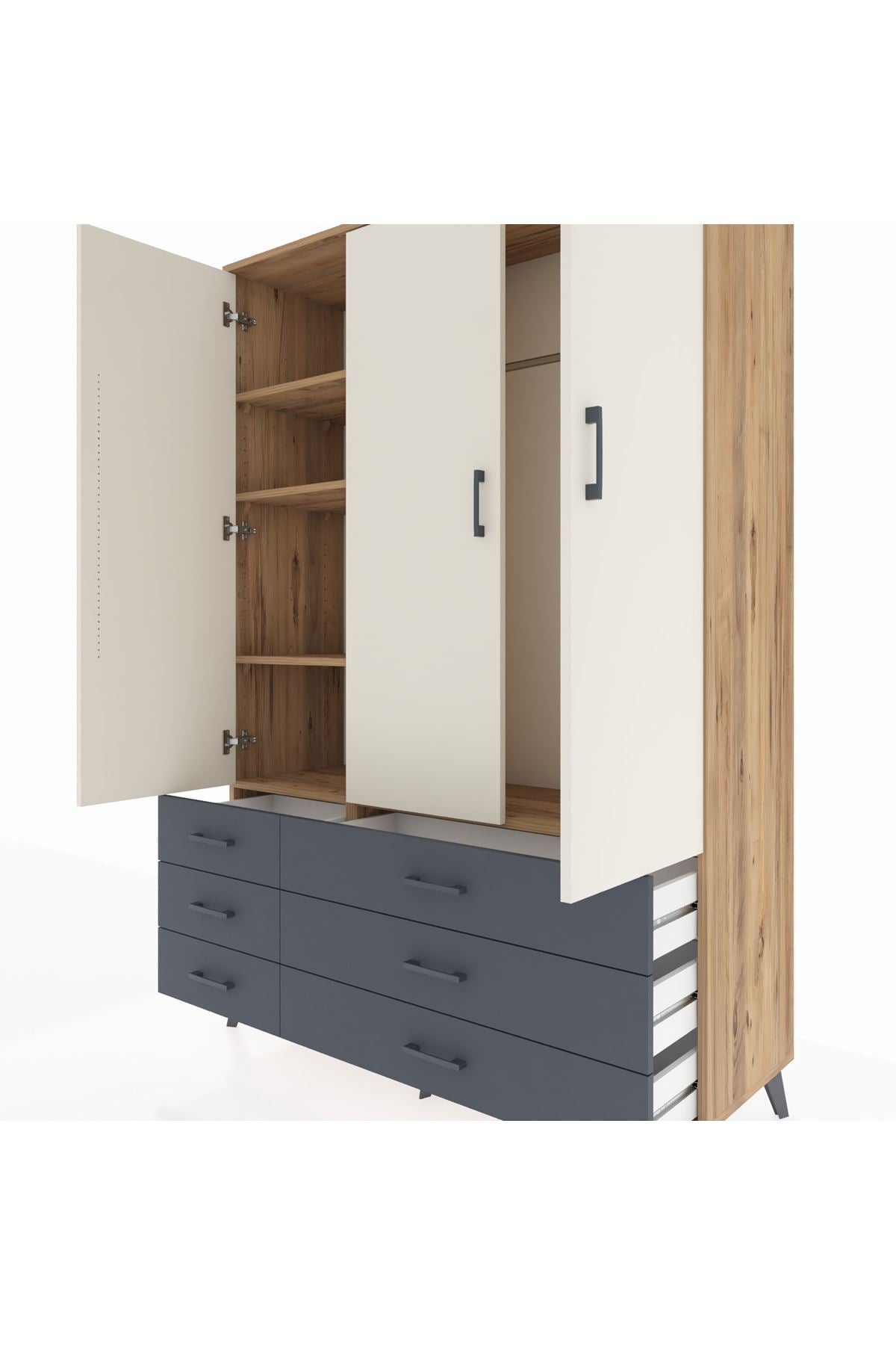 Hyperion Dolap 5 Raflı 6 Çekmeceli Tek Askılı 132x44x195 Çam-Aytaşı/Antrasit