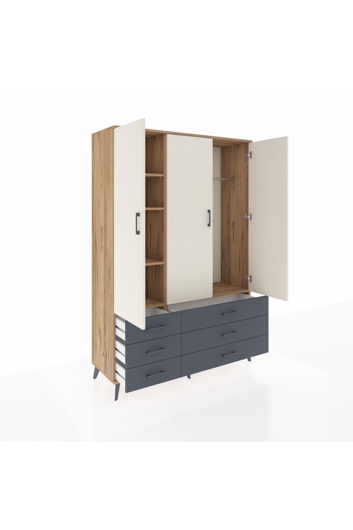 Hyperion Dolap 5 Raflı 6 Çekmeceli Tek Askılı 132x44x195 Çam-Aytaşı/Antrasit