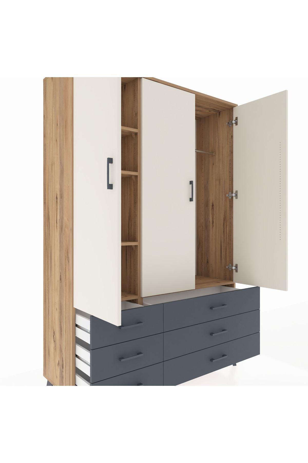 Hyperion Dolap 5 Raflı 6 Çekmeceli Tek Askılı 132x44x195 Çam-Aytaşı/Antrasit