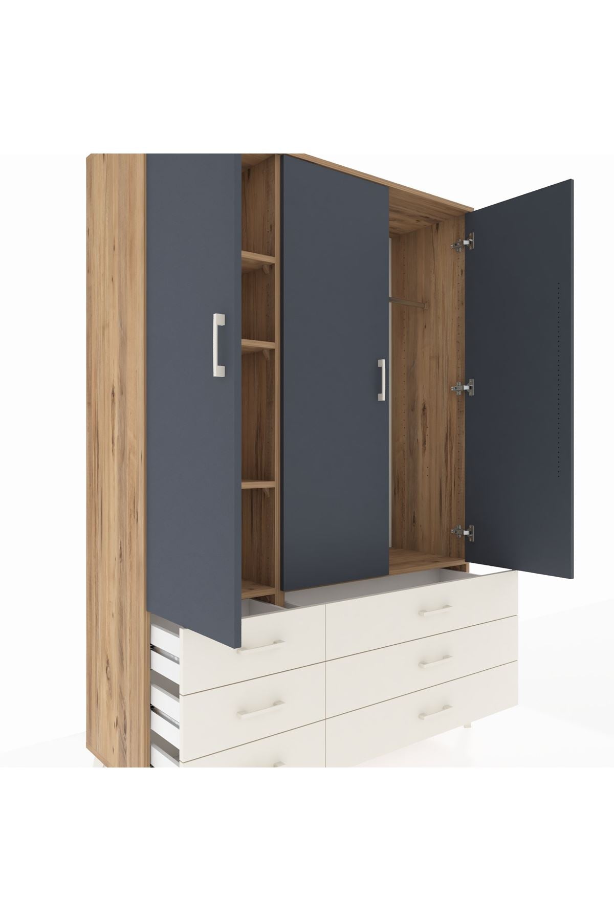 Hyperion Dolap 5 Raflı 6 Çekmeceli Tek Askılı 132x44x195 Çam-Antrasit/Aytaşı