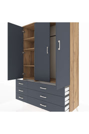 Hyperion Dolap 5 Raflı 6 Çekmeceli Tek Askılı 132x44x195 Çam-Antrasit/Antrasit