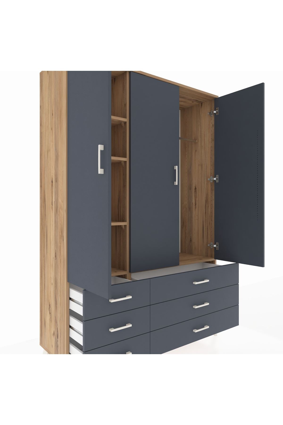 Hyperion Dolap 5 Raflı 6 Çekmeceli Tek Askılı 132x44x195 Çam-Antrasit/Antrasit
