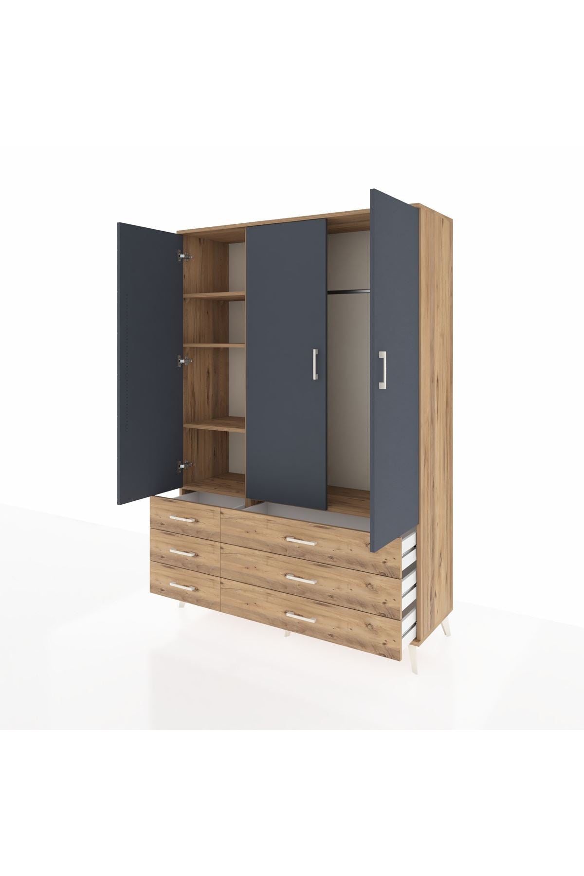 Hyperion Dolap 5 Raflı 6 Çekmeceli Tek Askılı 132x44x195 Çam-Antrasit/Çam