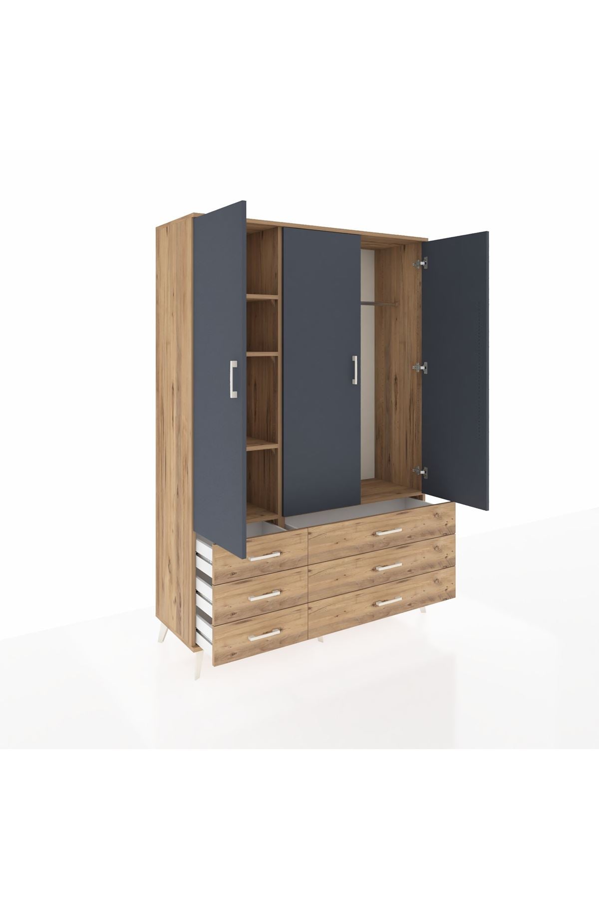 Hyperion Dolap 5 Raflı 6 Çekmeceli Tek Askılı 132x44x195 Çam-Antrasit/Çam