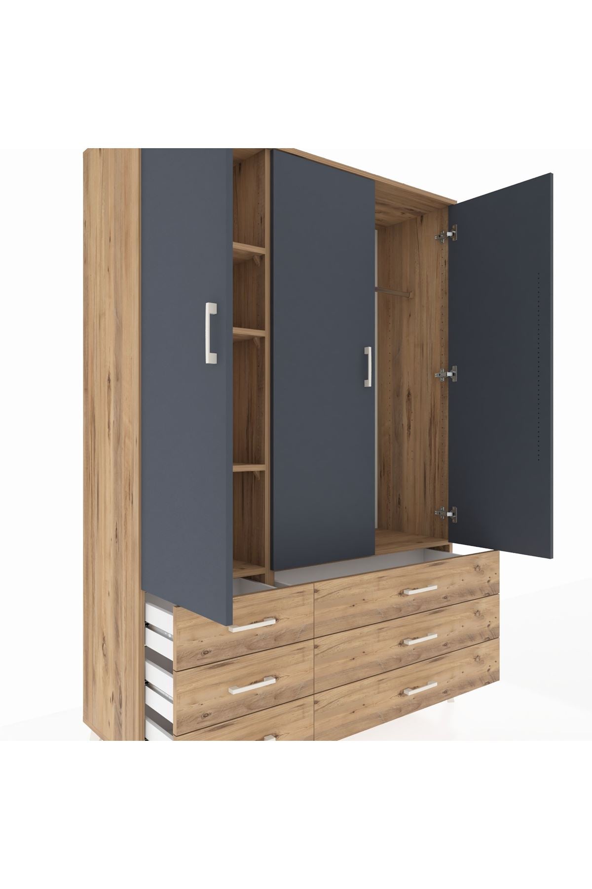 Hyperion Dolap 5 Raflı 6 Çekmeceli Tek Askılı 132x44x195 Çam-Antrasit/Çam