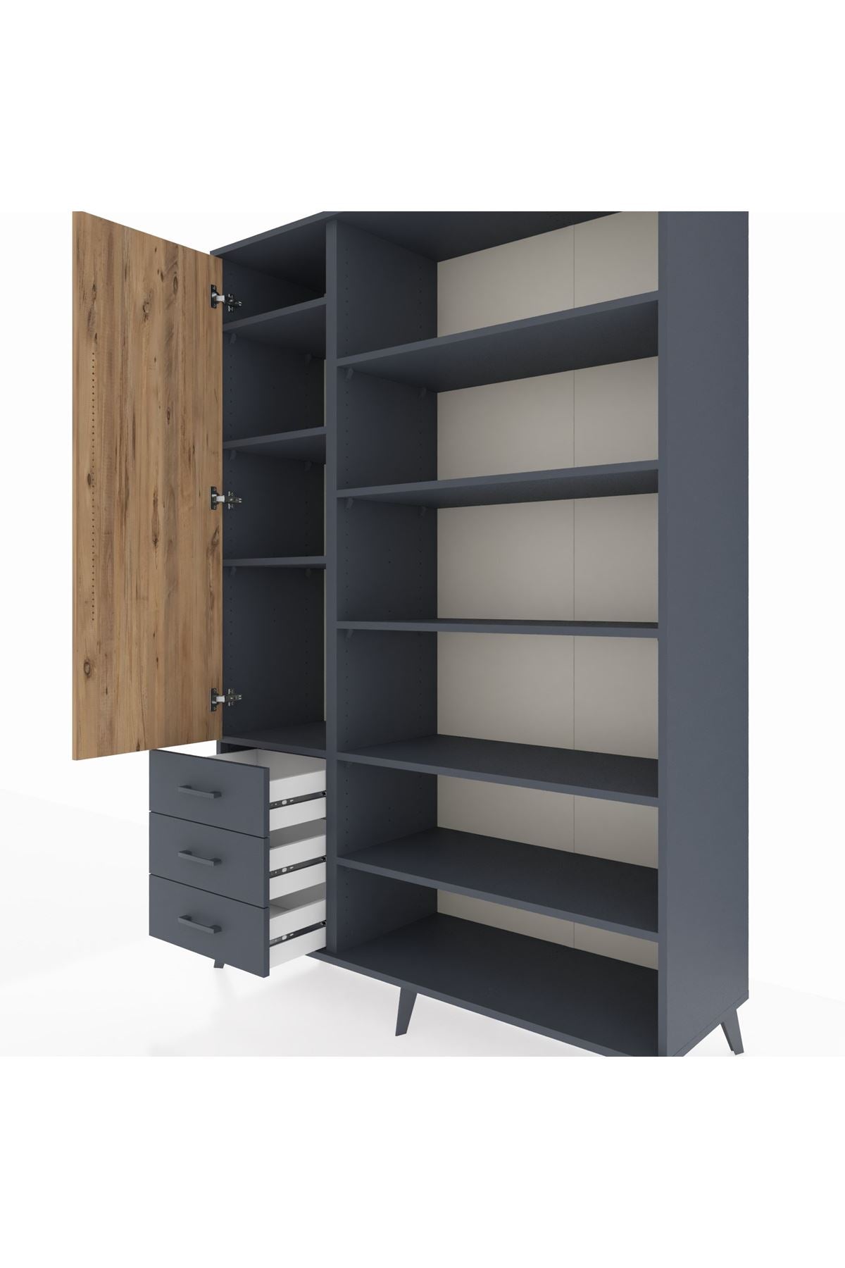 Hyperion Dolap 9 Raflı 3 Çekmeceli 3 Kapaklı 132x44x195 Antrasit-Çam/Antrasit