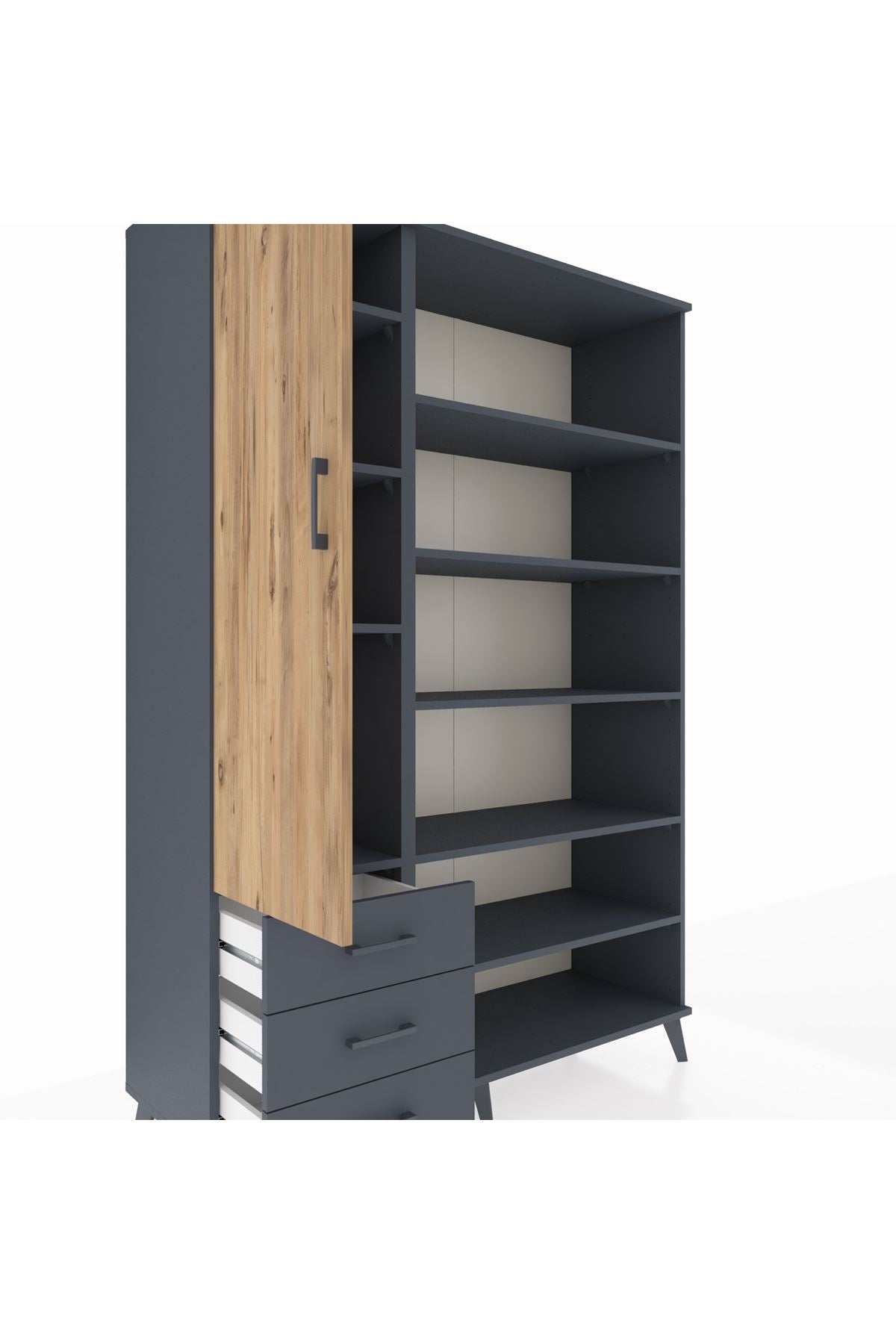 Hyperion Dolap 9 Raflı 3 Çekmeceli 3 Kapaklı 132x44x195 Antrasit-Çam/Antrasit