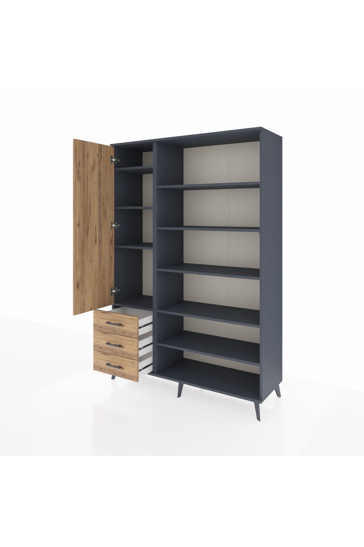 Hyperion Dolap 9 Raflı 3 Çekmeceli 3 Kapaklı 132x44x195 Antrasit-Çam/Çam