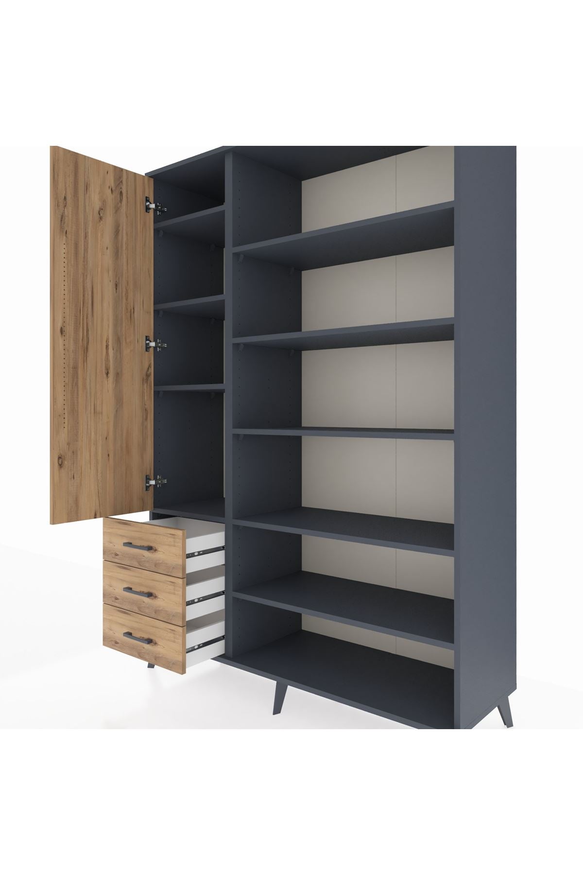 Hyperion Dolap 9 Raflı 3 Çekmeceli 3 Kapaklı 132x44x195 Antrasit-Çam/Çam