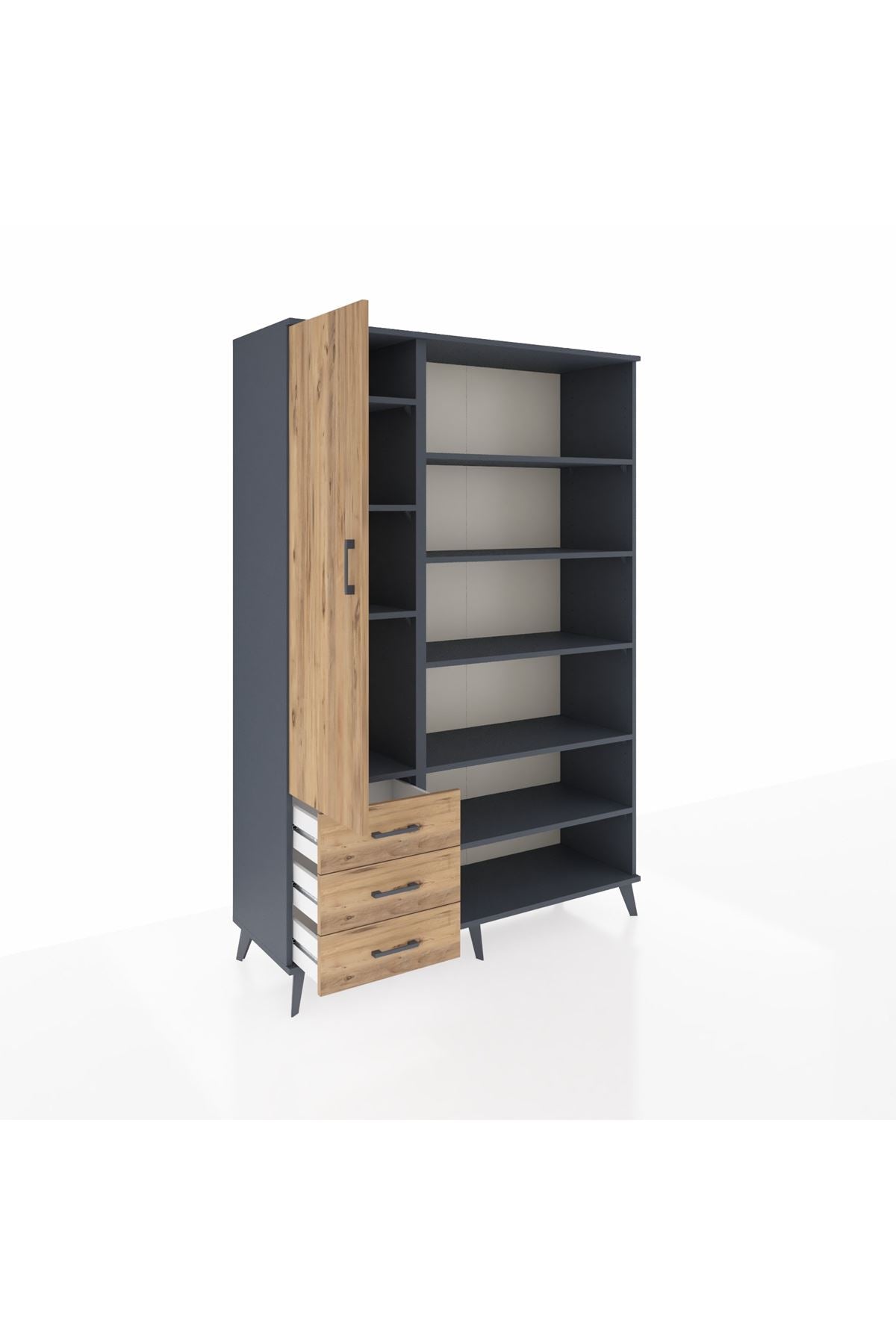 Hyperion Dolap 9 Raflı 3 Çekmeceli 3 Kapaklı 132x44x195 Antrasit-Çam/Çam