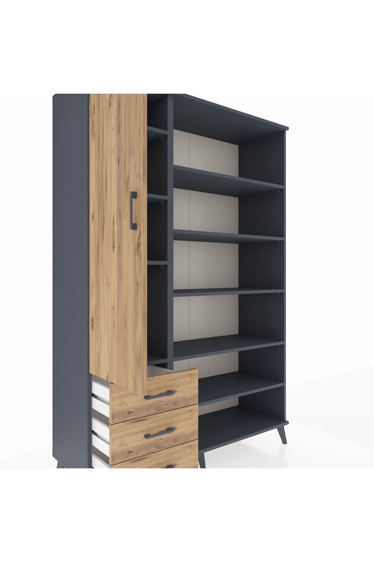 Hyperion Dolap 9 Raflı 3 Çekmeceli 3 Kapaklı 132x44x195 Antrasit-Çam/Çam