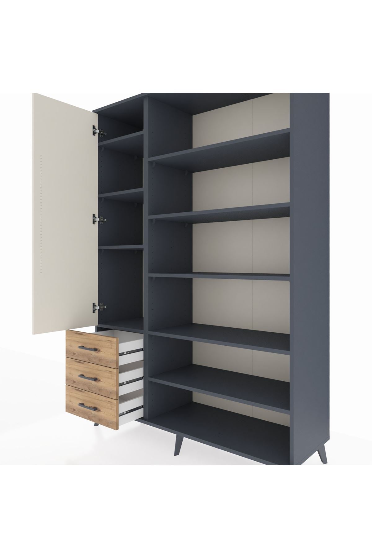 Hyperion Dolap 9 Raflı 3 Çekmeceli 3 Kapaklı 132x44x195 Antrasit-Aytaşı/Çam