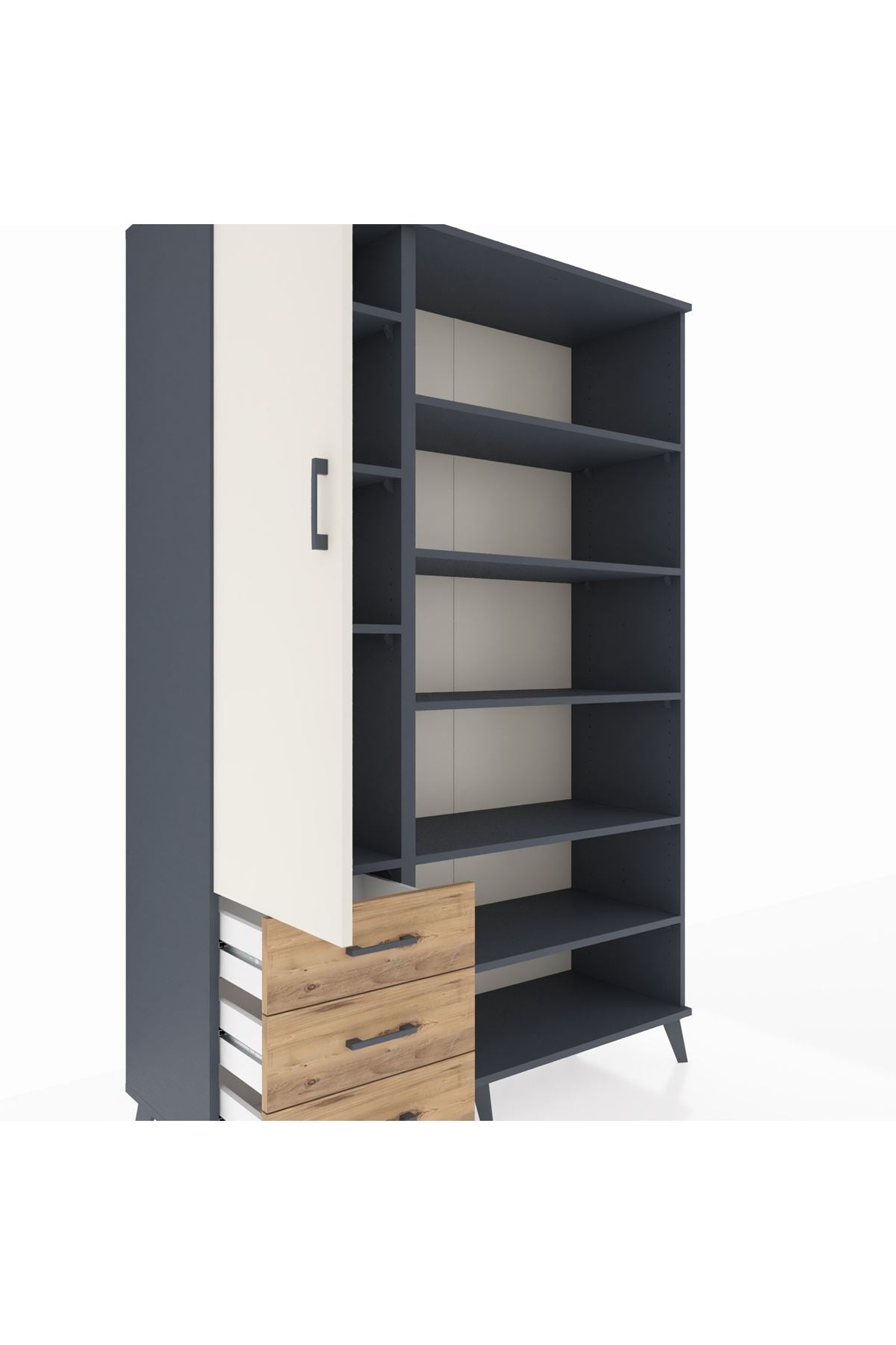 Hyperion Dolap 9 Raflı 3 Çekmeceli 3 Kapaklı 132x44x195 Antrasit-Aytaşı/Çam