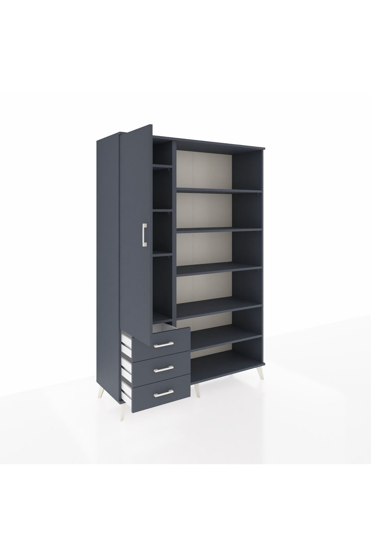 Hyperion Dolap 9 Raflı 3 Çekmeceli 3 Kapaklı 132x44x195 Antrasit-Antrasit/Antrasit