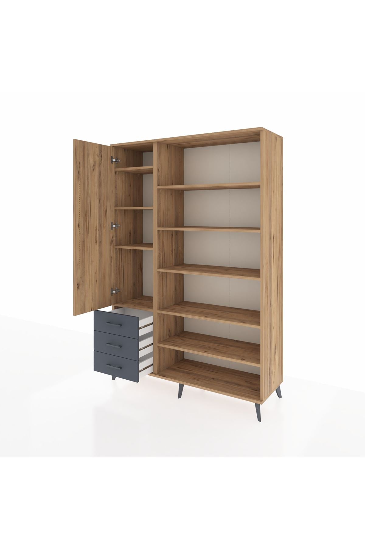 Hyperion Dolap 9 Raflı 3 Çekmeceli 3 Kapaklı 132x44x195 Çam-Çam/Antrasit