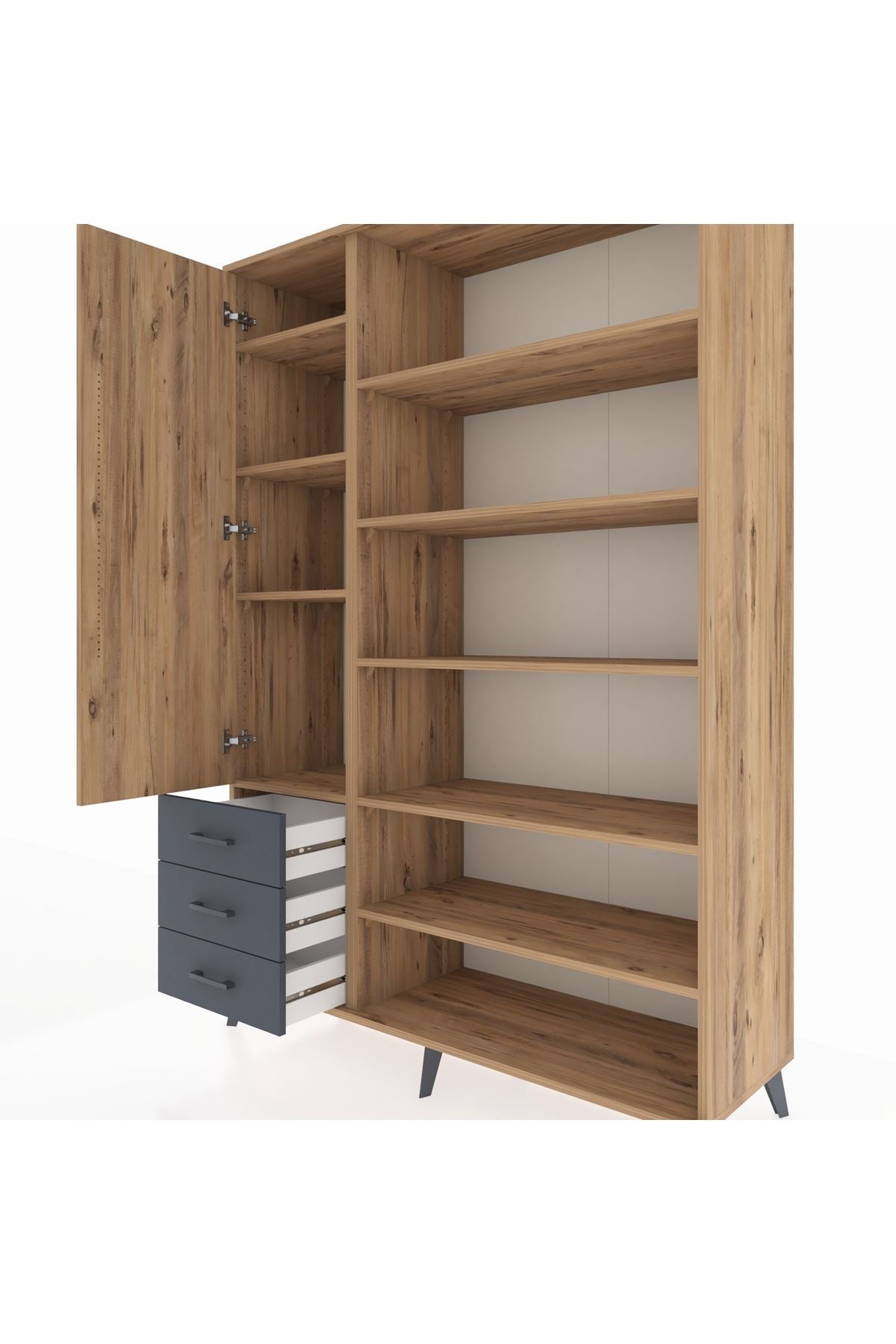 Hyperion Dolap 9 Raflı 3 Çekmeceli 3 Kapaklı 132x44x195 Çam-Çam/Antrasit