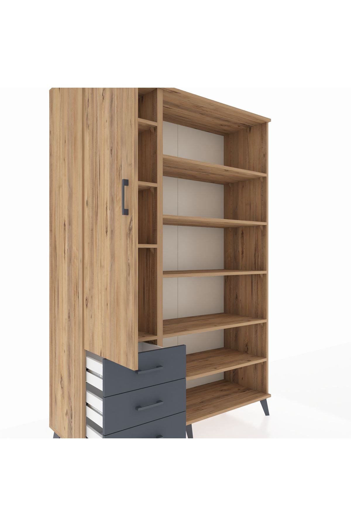 Hyperion Dolap 9 Raflı 3 Çekmeceli 3 Kapaklı 132x44x195 Çam-Çam/Antrasit