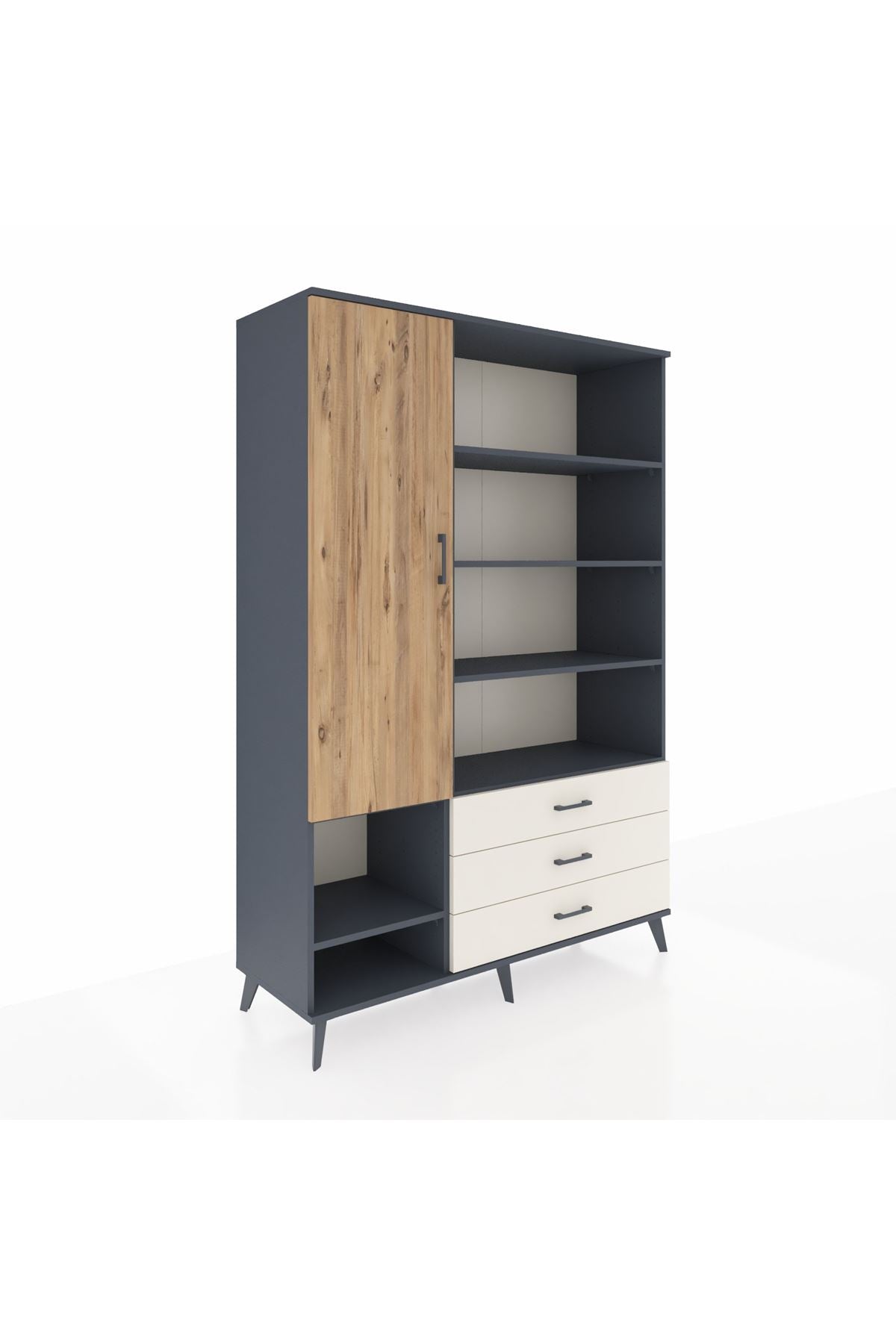 Hyperion Dolap 9 Raflı 3 Çekmeceli Tek Kapaklı  132x44x195 Antrasit-Çam/Aytaşı