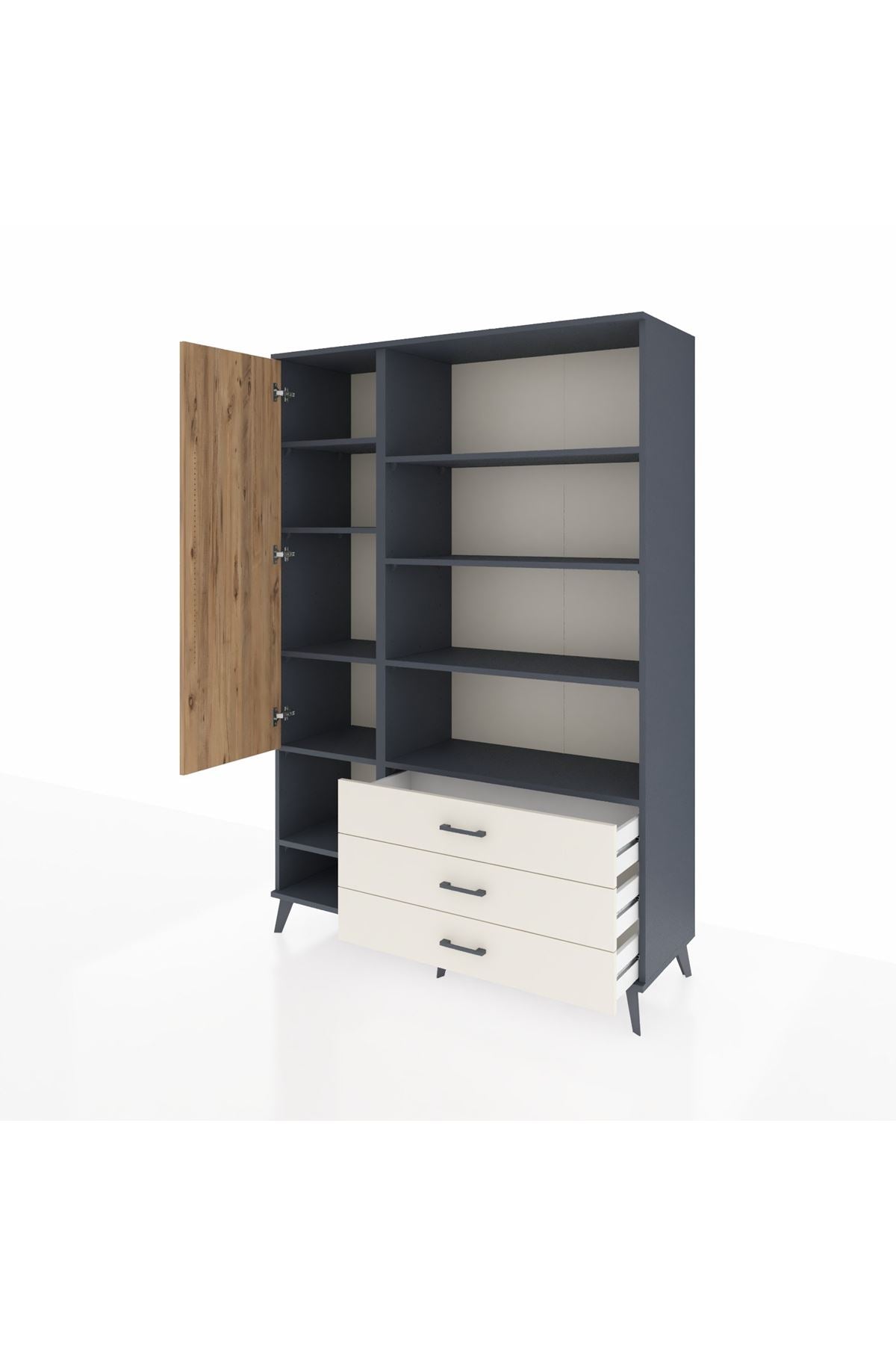 Hyperion Dolap 9 Raflı 3 Çekmeceli Tek Kapaklı  132x44x195 Antrasit-Çam/Aytaşı