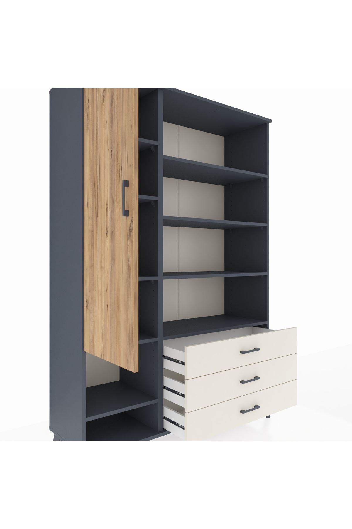 Hyperion Dolap 9 Raflı 3 Çekmeceli Tek Kapaklı  132x44x195 Antrasit-Çam/Aytaşı