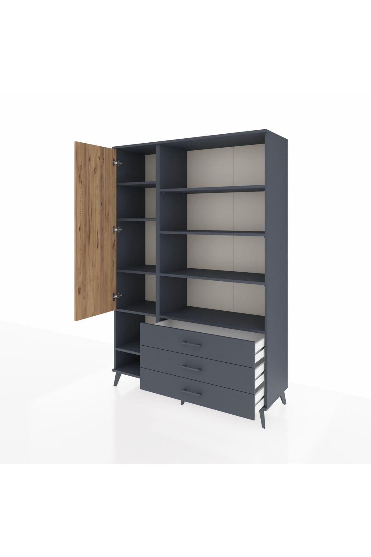 Hyperion Dolap 9 Raflı 3 Çekmeceli Tek Kapaklı  132x44x195 Antrasit-Çam/Antrasit