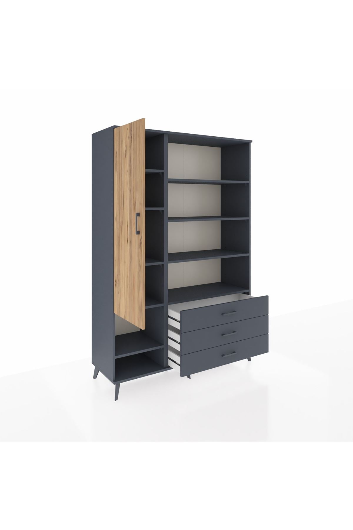 Hyperion Dolap 9 Raflı 3 Çekmeceli Tek Kapaklı  132x44x195 Antrasit-Çam/Antrasit