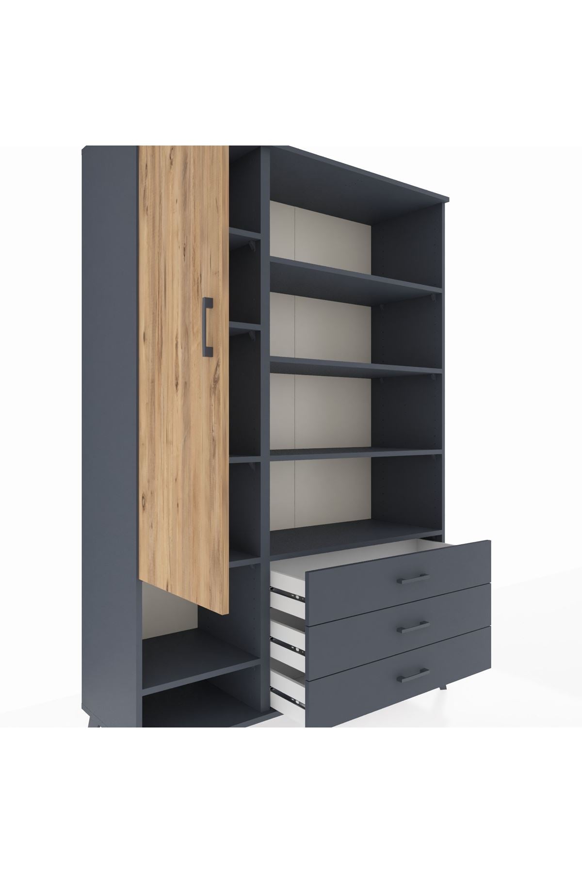 Hyperion Dolap 9 Raflı 3 Çekmeceli Tek Kapaklı  132x44x195 Antrasit-Çam/Antrasit