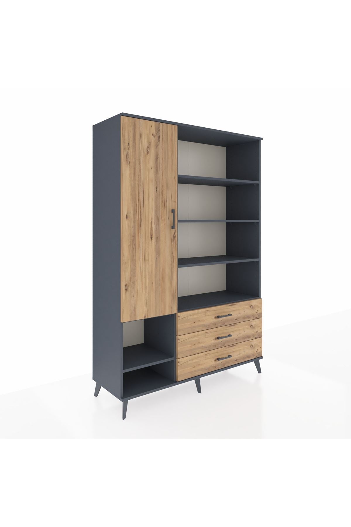 Hyperion Dolap 9 Raflı 3 Çekmeceli Tek Kapaklı  132x44x195 Antrasit-Çam/Çam