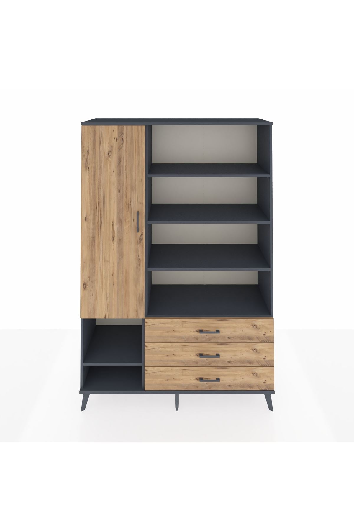 Hyperion Dolap 9 Raflı 3 Çekmeceli Tek Kapaklı  132x44x195 Antrasit-Çam/Çam