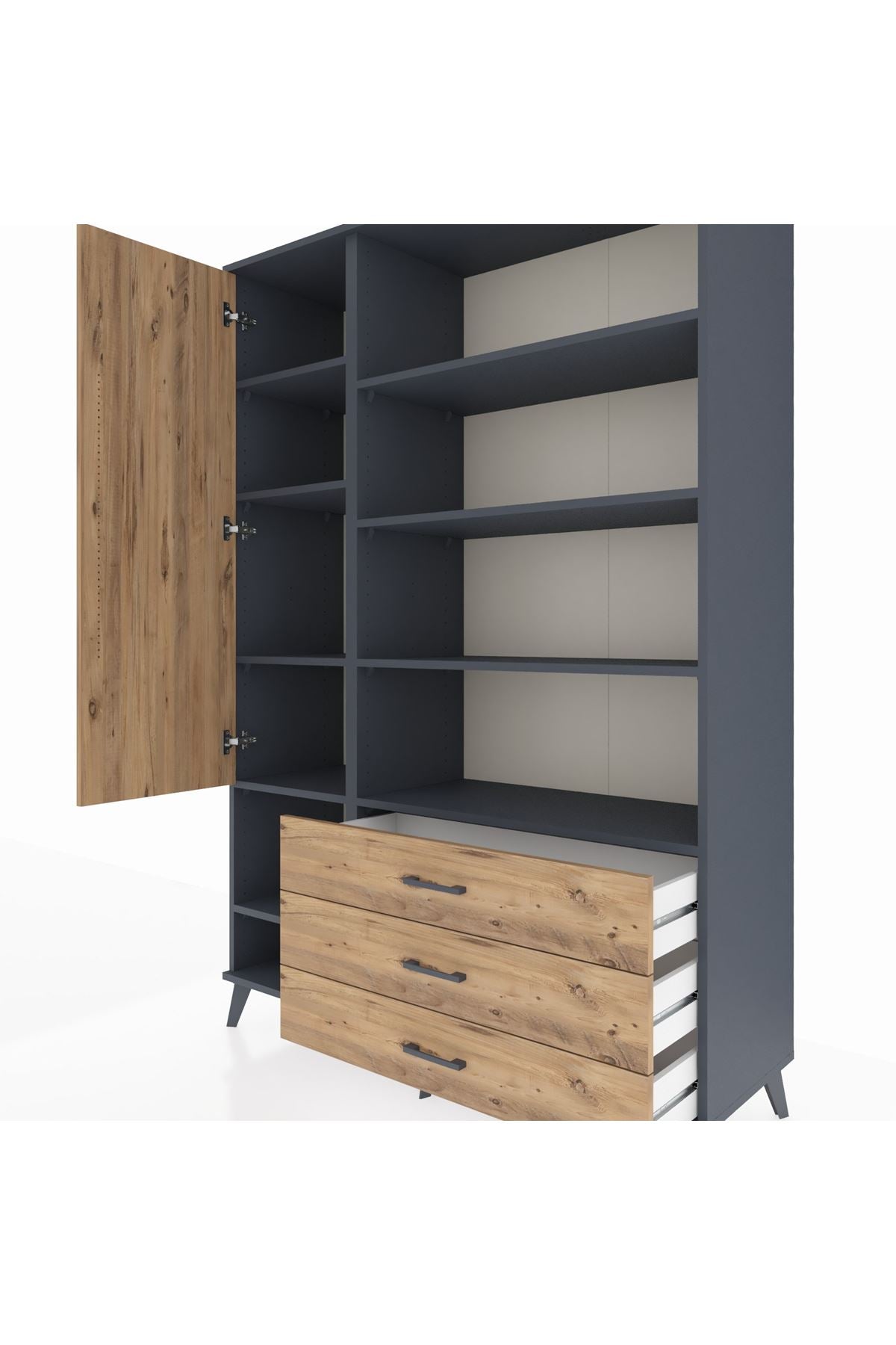 Hyperion Dolap 9 Raflı 3 Çekmeceli Tek Kapaklı  132x44x195 Antrasit-Çam/Çam