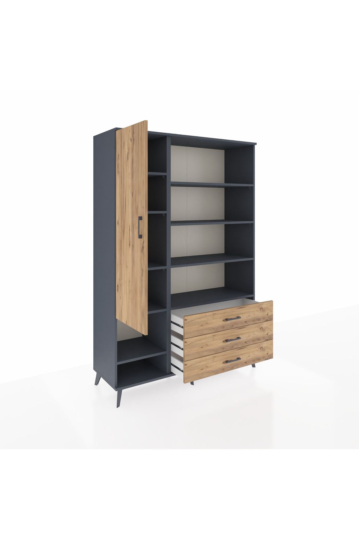 Hyperion Dolap 9 Raflı 3 Çekmeceli Tek Kapaklı  132x44x195 Antrasit-Çam/Çam